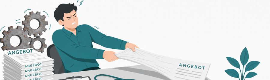 Illustration: eine Person zieht mühsam an einem zähen Angebotsdokument, daneben ein Stapel fast identischer Kopien und eingerostete Zahnräder.