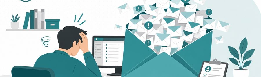 Illustration: eine Person am Schreibtisch verschwindet hinter einer Flut von
                      E-Mails, die aus einem überquellenden Briefumschlag strömen.