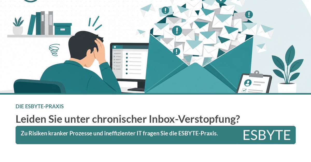 Motiv der Reihe „Die ESBYTE-Praxis“ zur chronischen Inbox-Verstopfung: eine Person am Schreibtisch verschwindet hinter einer Flut von E-Mails.
