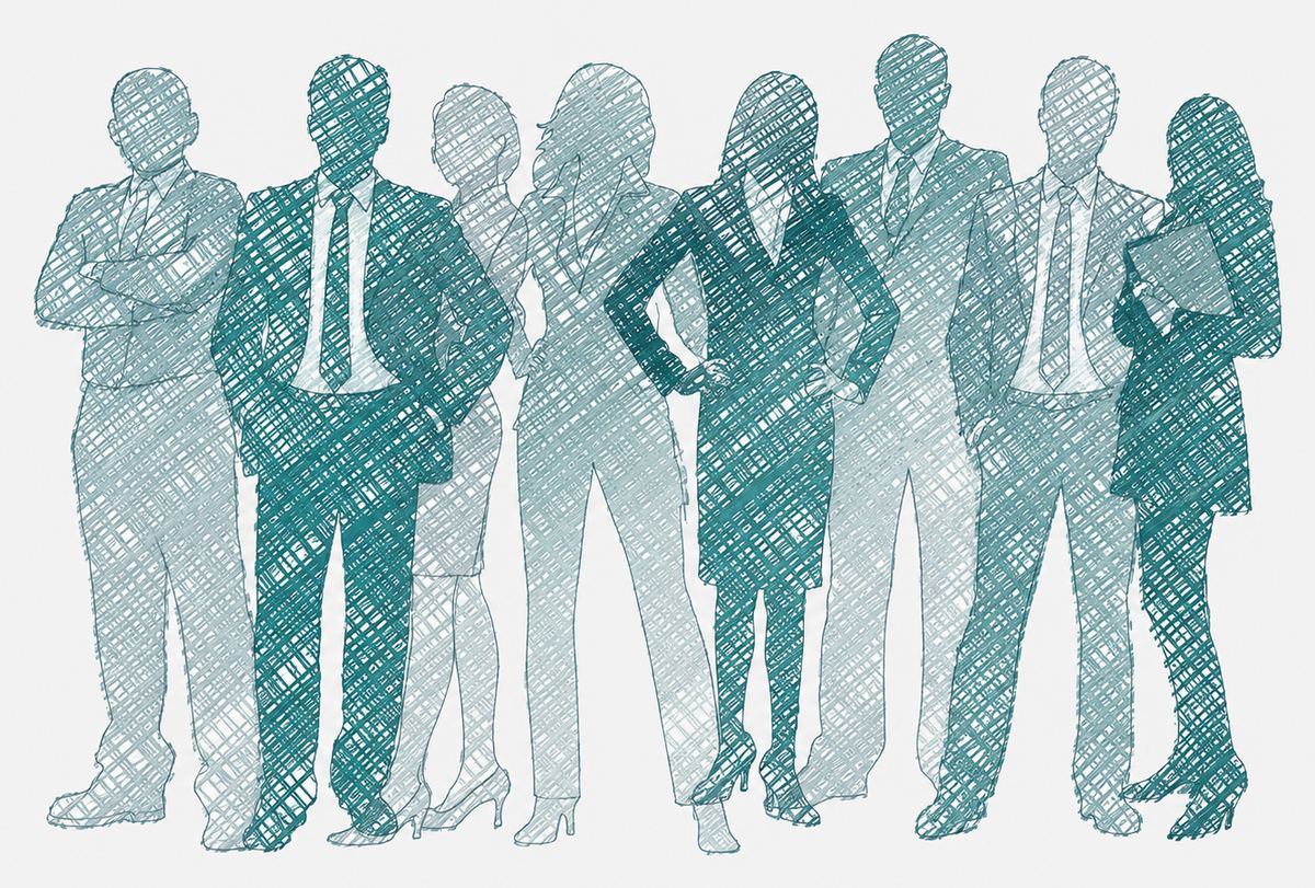 Illustration: eine Gruppe von neun Personen, in ESBYTE-Grüntönen
                  schraffiert gezeichnet.